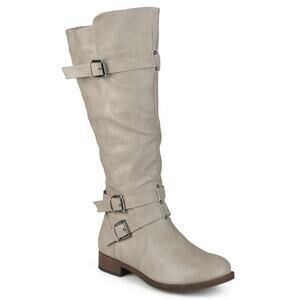 Journee Collection Women's Bite Wide Calf Stacked Riding Boots, Taupe Size 8.5M